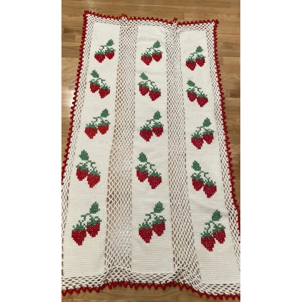 Handmade Crochet Strawberry Blanket 60 in x 40 in White Homemade Granny Cottage